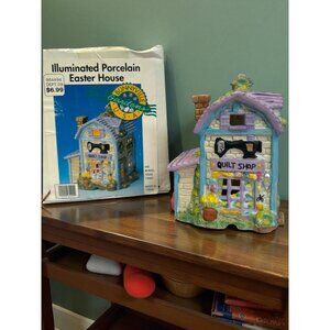 Bunnyville Illuminated Porcelain Easter House "Quilt Shop" Collectible Figurine